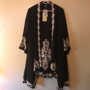 Andree Black kimono coverup duster embroidered